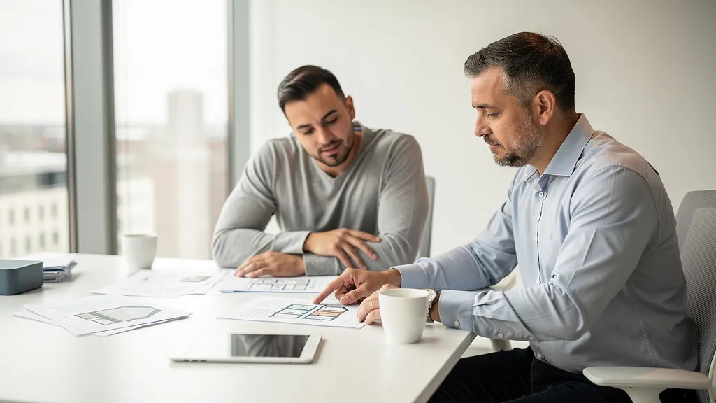 Two property professionals review investment documents at a bright modern office desk, bathed in natural daylight, conveying expert guidance and financial clarity.