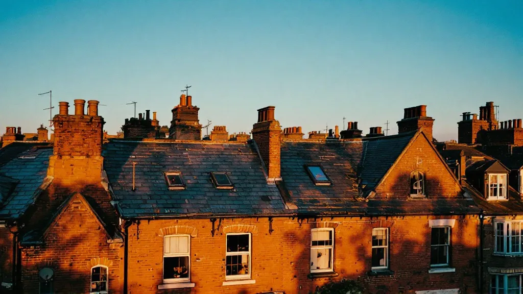 Aerial view of a terraced Victorian street at sunset, red-brick rooftops casting long shadows under golden light, mix of renovated and original housing, deep blue sky above.