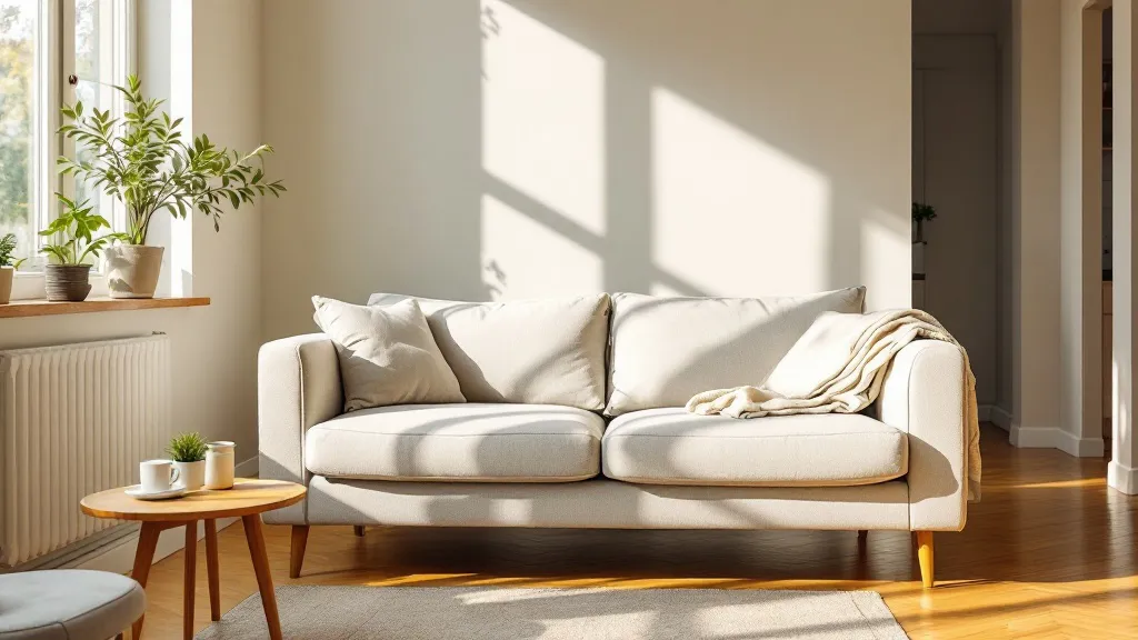 Bright, naturally-lit living room in a modern shared house with neutral walls, warm wooden furniture, comfortable sofa, and kitchen visible in soft focus background.
