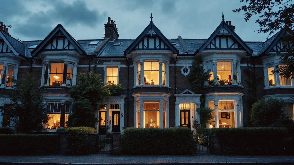 A Victorian terraced house photographed at dusk with warm interior lighting glowing through its windows against a cool overcast sky, a neat front garden visible in the foreground.