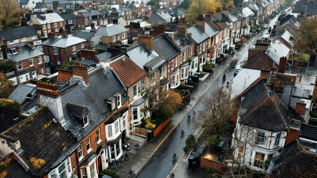 Aerial view of a dense UK university neighbourhood with rows of Victorian terraced houses, grey and terracotta rooftops, bicycles on the street, soft overcast morning light.