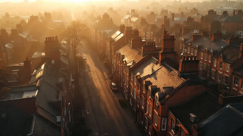 Aerial view of Victorian terraced houses in a UK university city at golden hour, warm amber light casting long shadows across rooftops, quiet residential street below, no people visible.