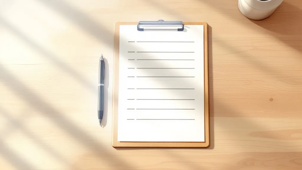 Flat-design illustration of a property inspection checklist on a clipboard on a wooden desk, lit by natural window light, with a pen diagonal across the page.