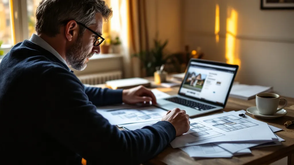 A professional investor reviews property documents at a wooden desk under warm window light, with a laptop showing a UK property listing in soft focus behind him.