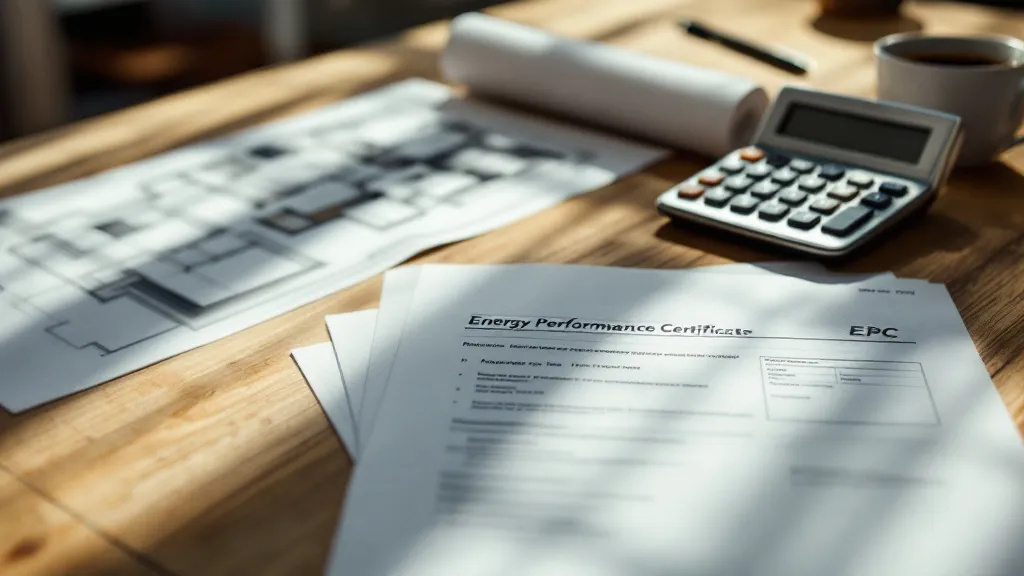 Close-up of a UK Energy Performance Certificate document on a desk with architectural drawings and calculator in soft daylight, shallow focus emphasizing the EPC form.