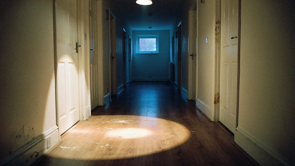 A dimly lit HMO hallway with multiple closed doors, one overhead bulb casting a warm pool of light on the floor, cool blue shadows filling the corridor.
