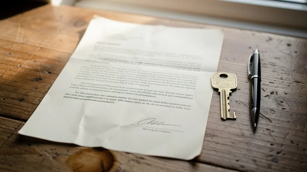 Close-up of a formal legal document on a wooden desk beside a set of house keys and a pen, shallow depth of field, natural daylight from a window casting soft shadows, muted warm tones, serious and professional atmosphere, photorealistic