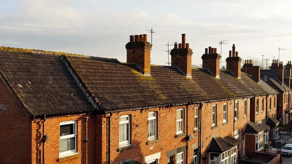 Aerial view of traditional red-brick terraced houses in a Northern English city under warm afternoon light, casting long shadows across rooftops in muted amber and grey tones.
