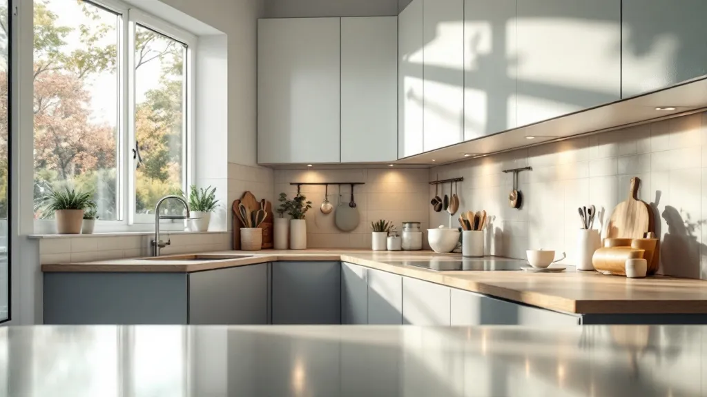 Close-up of a clean, modern shared kitchen in a well-maintained HMO property, bright natural light through a large window, neutral tones of white and grey cabinetry, tidy countertops, warm ambient lighting, no people, no text or signage visible, photorealistic interior photography style