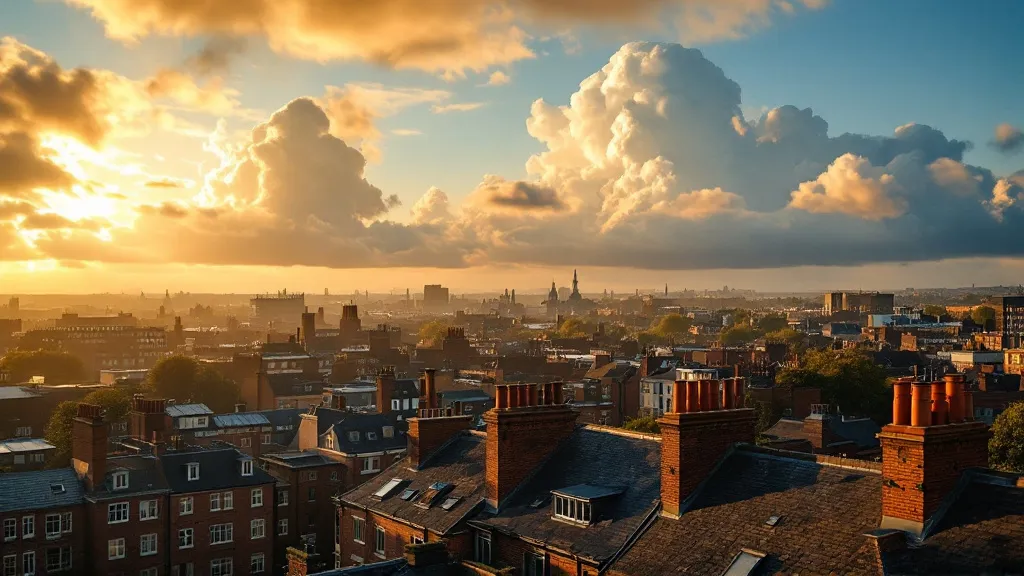 Aerial view of a Northern English city at sunset, showing modern apartment blocks and Victorian terraces bathed in golden light beneath dramatic cloud formations.