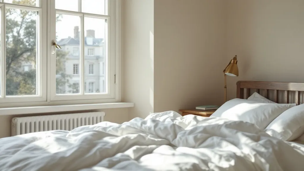 Close-up of a modern, well-furnished HMO bedroom interior, warm neutral tones, clean white bedding, wooden desk with a lamp, large window with soft natural daylight streaming in, minimal decor, inviting and professional atmosphere, photorealistic