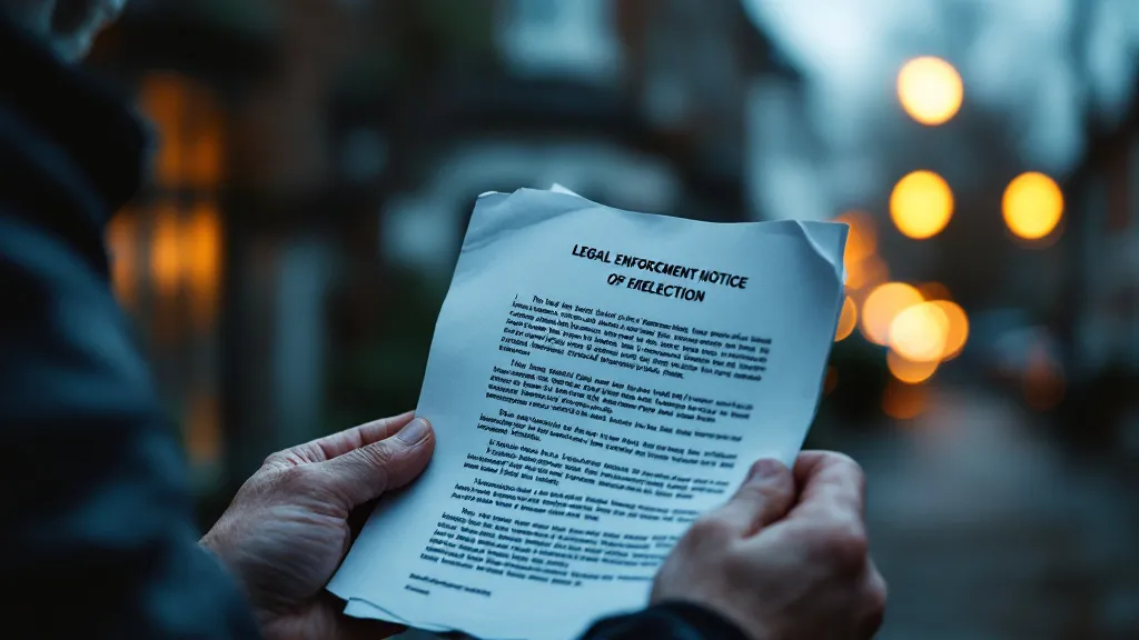 Close-up of hands holding a legal enforcement notice against a blurred Victorian house exterior in grey daylight, with warm interior light spilling across the scene.
