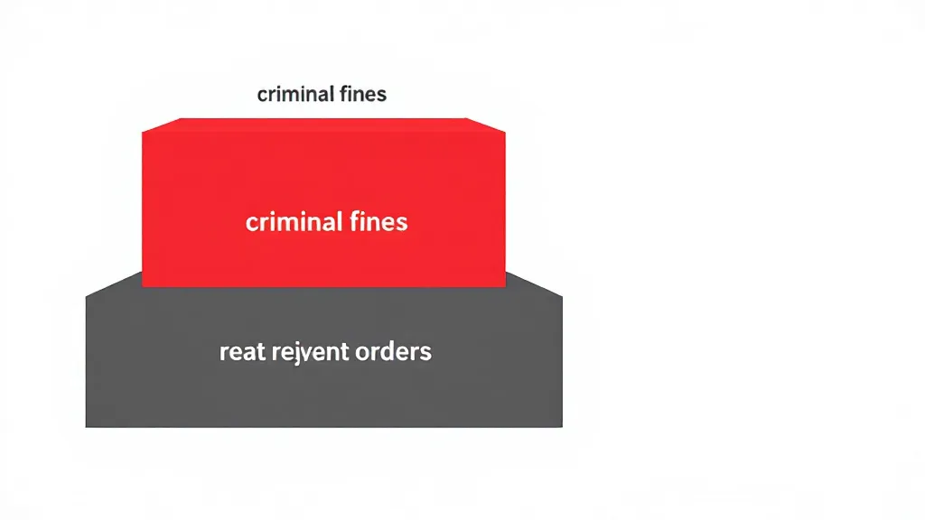 A flat-design infographic-style illustration showing a penalty breakdown for an unlicensed property: three stacked blocks representing criminal fines, rent repayment orders, and legal costs, in deep red and charcoal tones against a clean white background. Bold geometric shapes, no text or numbers, minimalist and stark in composition.