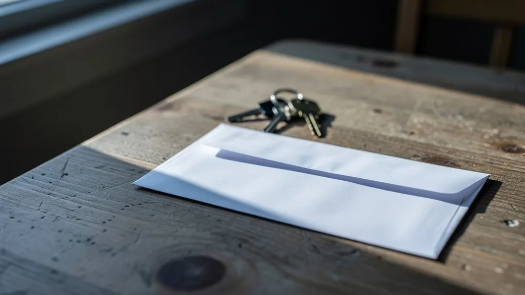 Close-up of an official envelope and house keys on a wooden table in morning light, casting sharp shadows. Shallow depth of field, muted grey and amber tones.