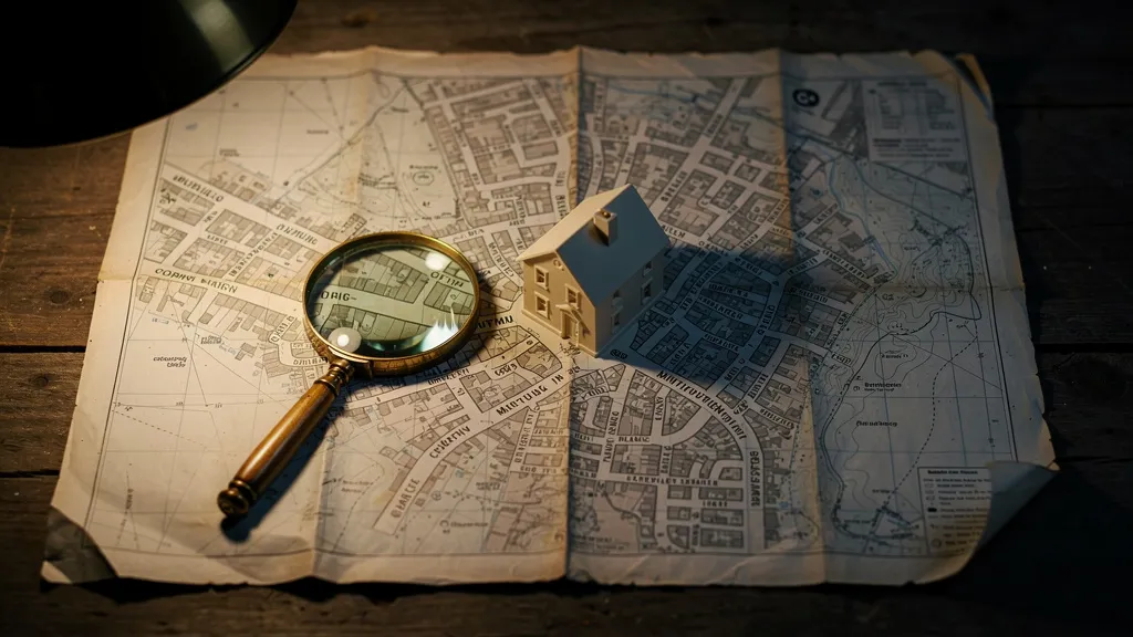 An overhead flat-lay of a detailed UK street map spread across a desk, with a small model house placed at an intersection, a magnifying glass resting nearby, warm desk lamp light, deep shadows at edges, clean and focused composition, photorealistic style, no text labels or numbers visible on the map