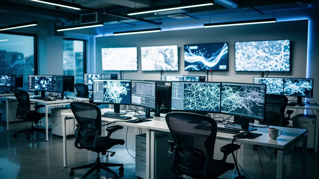 A dramatic wide-angle shot of a modern open-plan office interior with multiple large screens displaying abstract data visualisations and network maps, cool blue and white lighting, empty chairs suggesting an automated system at work, no people visible, clean and slightly clinical atmosphere, photorealistic style, no text or numbers on any screen