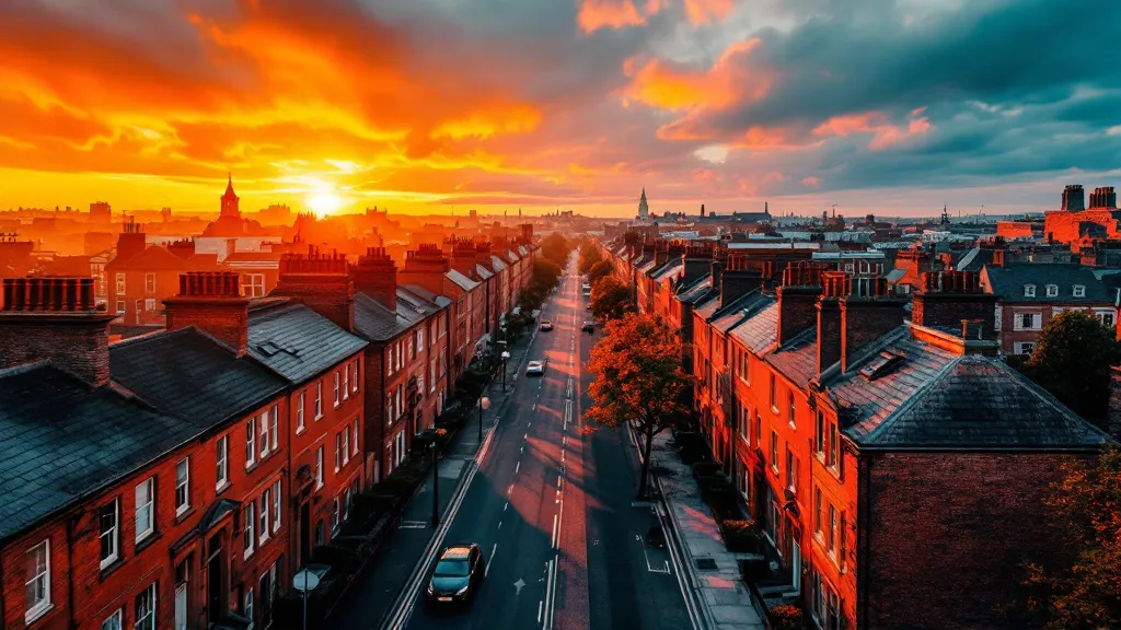 Aerial view of a Victorian terraced street at golden hour, rows of red-brick houses casting long shadows, warm amber light and deep blue sky, shot from above.