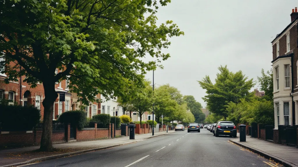 Modern UK city street with a mix of Victorian terraced houses and contemporary apartment buildings, overcast British sky, green trees lining the pavement, quiet residential atmosphere, wide-angle lens, muted tones with pops of red brick, photorealistic
