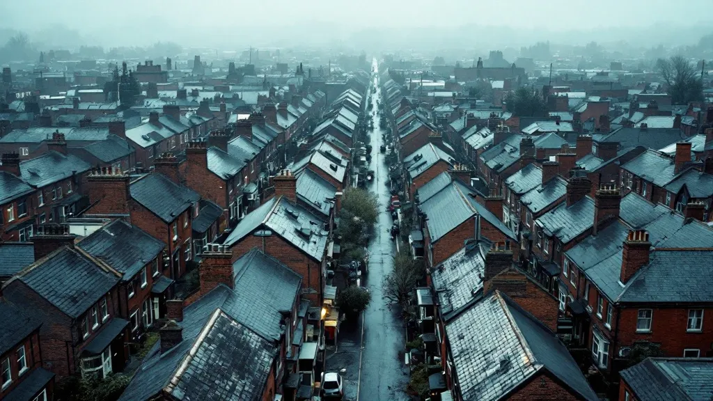 Aerial view of a dense Victorian terraced residential street in a northern English town, rows of red-brick houses with slate roofs under overcast grey daylight, cool colour palette, no people or text visible.