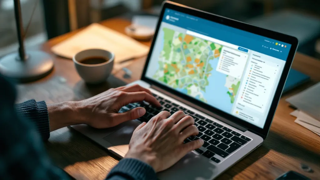 Close-up of a person's hands using a laptop trackpad, navigating what appears to be a local government planning map on screen, warm desk lamp light from the side, shallow depth of field, muted earth tones, focused and purposeful mood, photorealistic