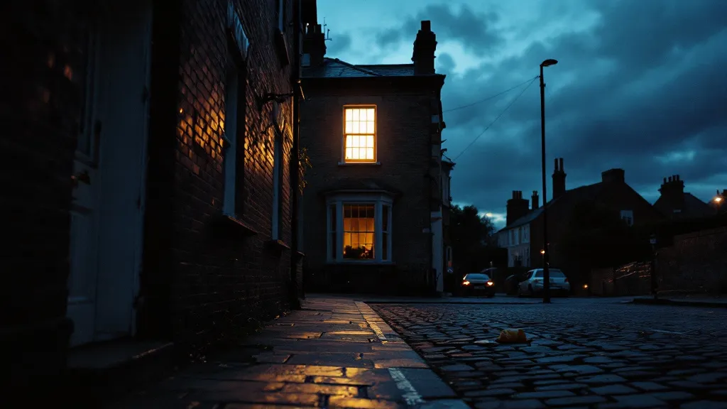 A dark Victorian terraced house at dusk with warm light from a single upstairs window casting long shadows across an empty urban street under an overcast sky.