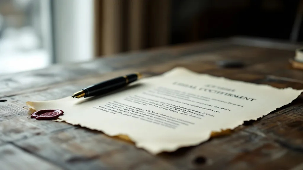 Close-up of a formal legal document on a wooden desk, a red wax seal visible at the bottom edge, a pen resting alongside, shallow depth of field, cool natural light from a window casting soft shadows, mood of consequence and gravity, muted grey and cream tones, photorealistic