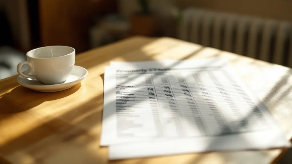 A printed property spreadsheet on a wooden desk in morning sunlight, with a coffee cup nearby, conveying focused financial analysis.