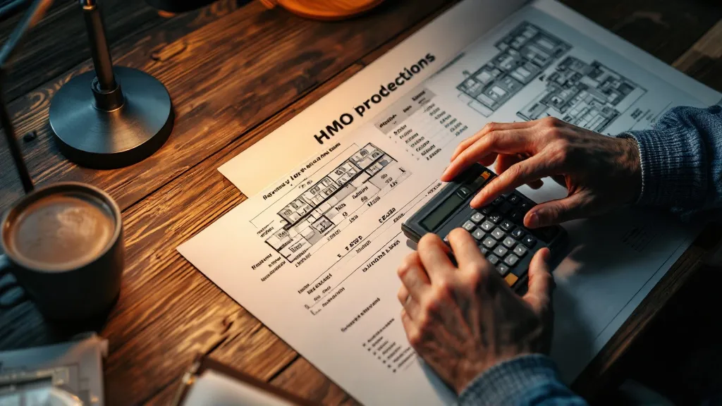 Close-up of a person's hands using a calculator next to a printed financial model on a desk, with a small architectural floor plan of a house visible nearby. Warm focused desk lamp lighting. Mood is analytical and deliberate. Photorealistic, tight composition, muted palette of greys and warm ambers.