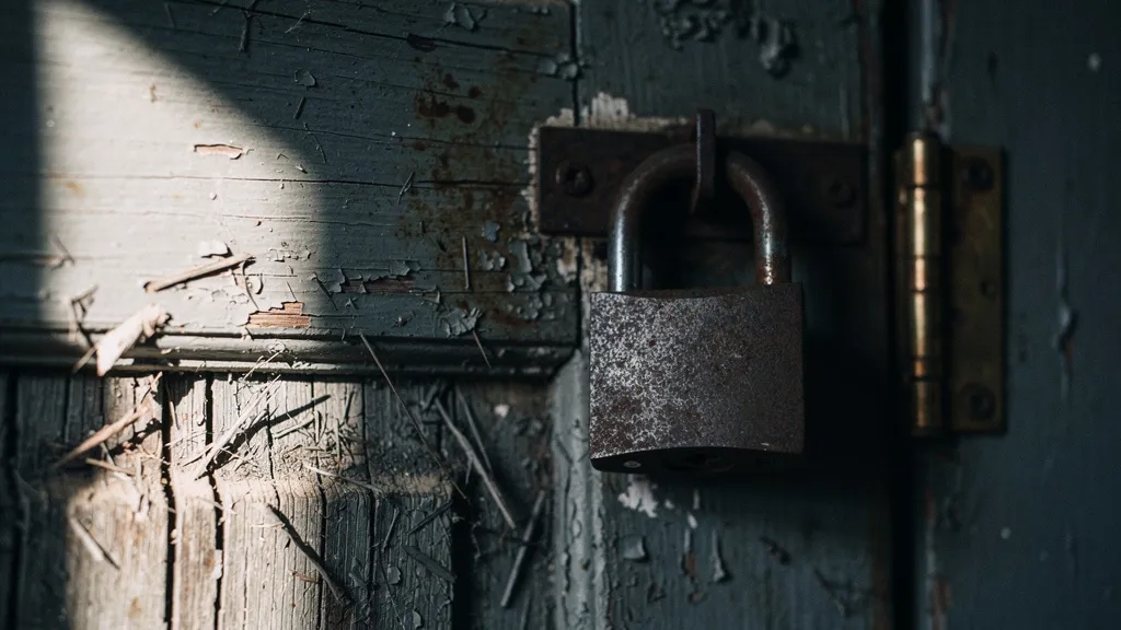 Close-up of an old wooden door with a heavy padlock, dramatically side-lit with deep shadows, conveying legal permanence and closure.
