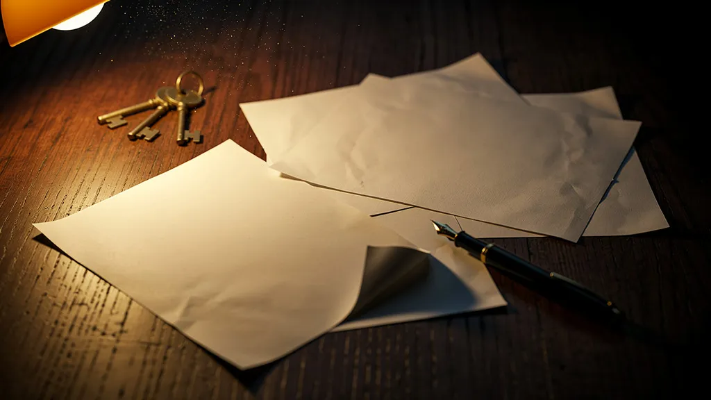 Overhead view of legal documents, a pen, and keys on a dark oak desk, lit by warm amber lamp light casting long shadows.
