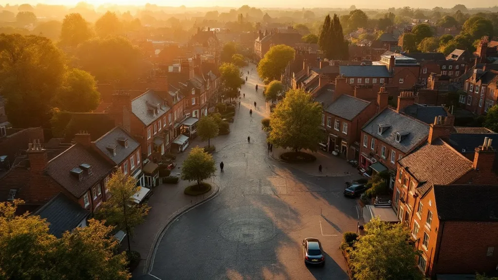 Aerial drone view of a red-brick English market town in Nottinghamshire at golden hour, with terraced streets radiating from a central square, mature green trees, and warm evening light casting long shadows across the landscape.