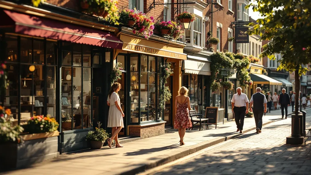 Sunny English high street lined with independent shops under colourful awnings, brick buildings with flower baskets, a few pedestrians browsing, warm afternoon light.