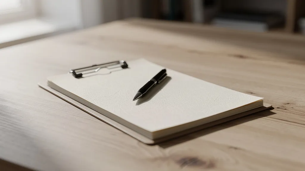 Close-up of organised legal documents and a pen on a clipboard, bathed in soft natural window light on a tidy desk, conveying professional diligence and careful preparation.