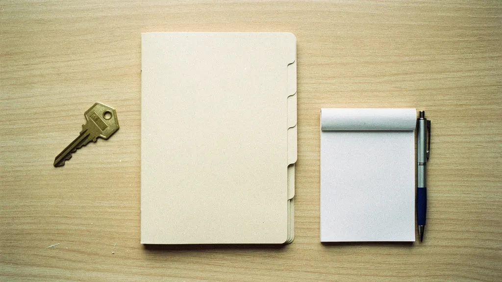 Overhead view of a tabbed compliance folder, brass house key, and blank notepad arranged neatly on light oak desk with soft studio lighting.