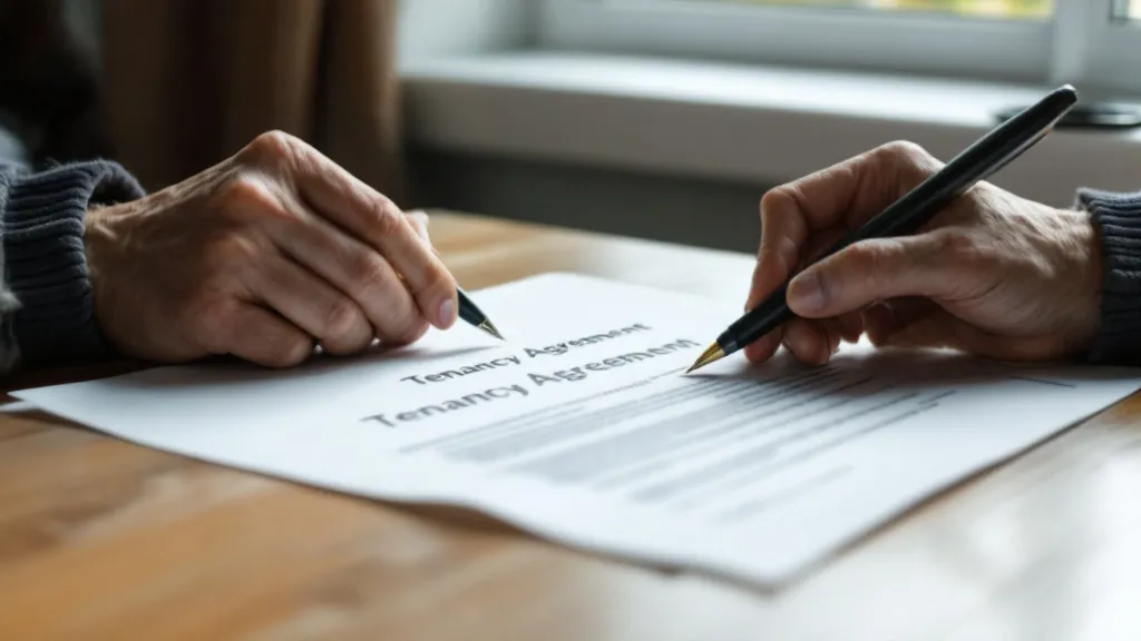 Close-up of hands holding a tenancy agreement document on a wooden desk, lit by soft window light, conveying a moment of careful consideration before signing.