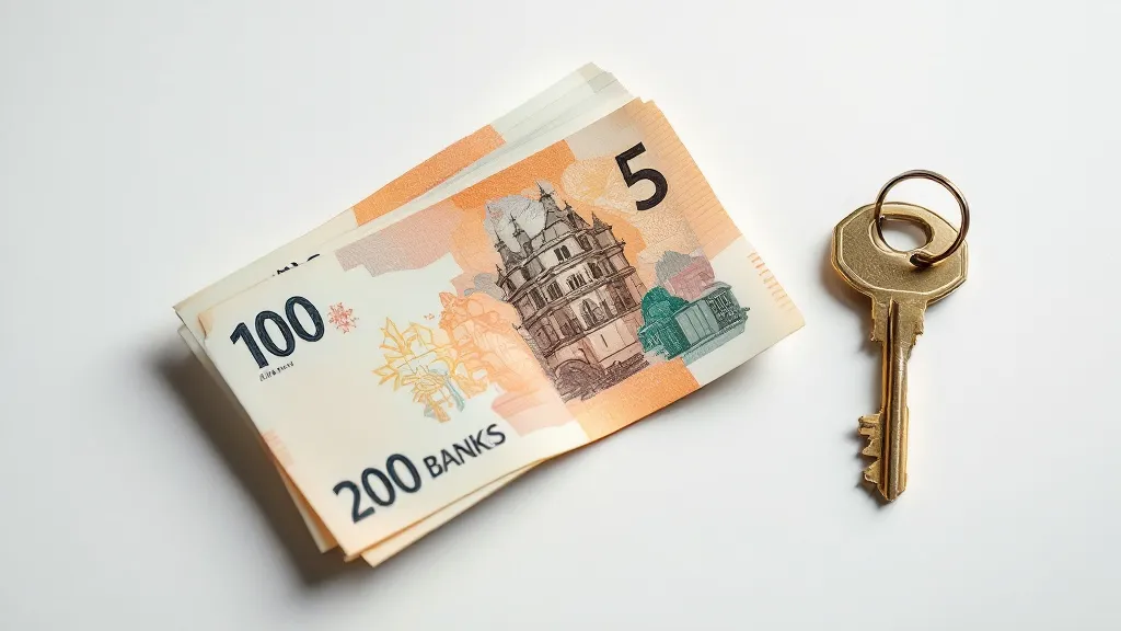 An overhead flat-lay shot of a small stack of British banknotes and a set of house keys on a clean white surface, soft even studio lighting, minimal composition, neutral colours with warm gold tones from the keys, conveying a sense of financial caution, photorealistic style