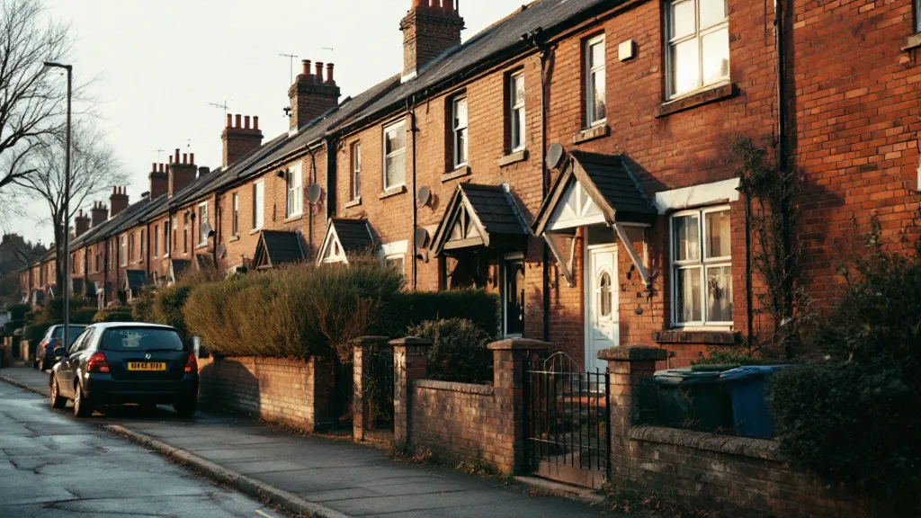 Row of traditional red-brick terraced houses on a quiet English Midlands street in soft morning light, with overcast sky and modest front gardens.