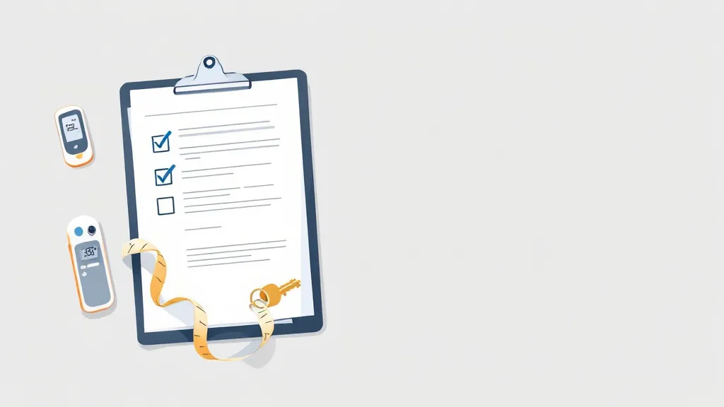 Close-up overhead flat-lay of a home energy assessment in progress, a clipboard with a checklist, a measuring tape, a small digital thermometer, and a set of house keys on a pale grey surface, soft diffused natural light, clean minimal composition, muted tones of grey white and light blue, flat-design illustration style