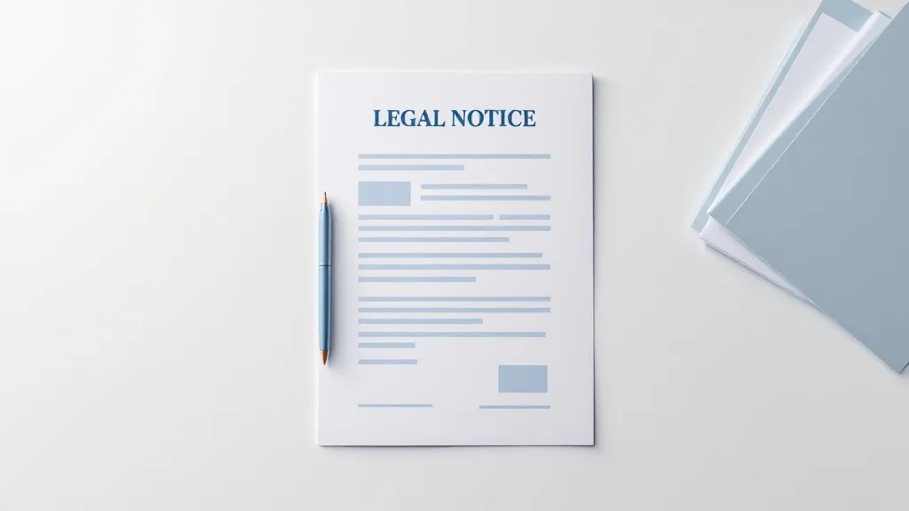 An overhead flat-lay of a clean white desk with a printed legal notice form, a blue ballpoint pen resting across it, and a small stack of organised documents to one side. Bright, even studio lighting. Minimal and professional feel. Flat-design illustration style with a muted blue and white colour palette.