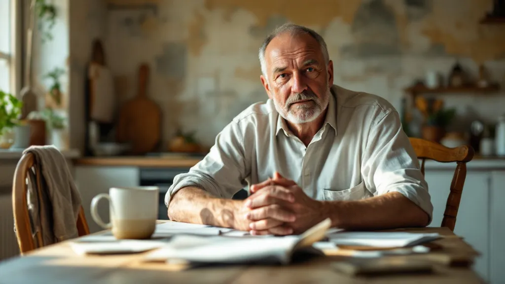 A middle-aged man sits at a kitchen table in morning light, studying documents with a thoughtful, concerned expression. Warm amber and cream tones fill the modest British home interior.