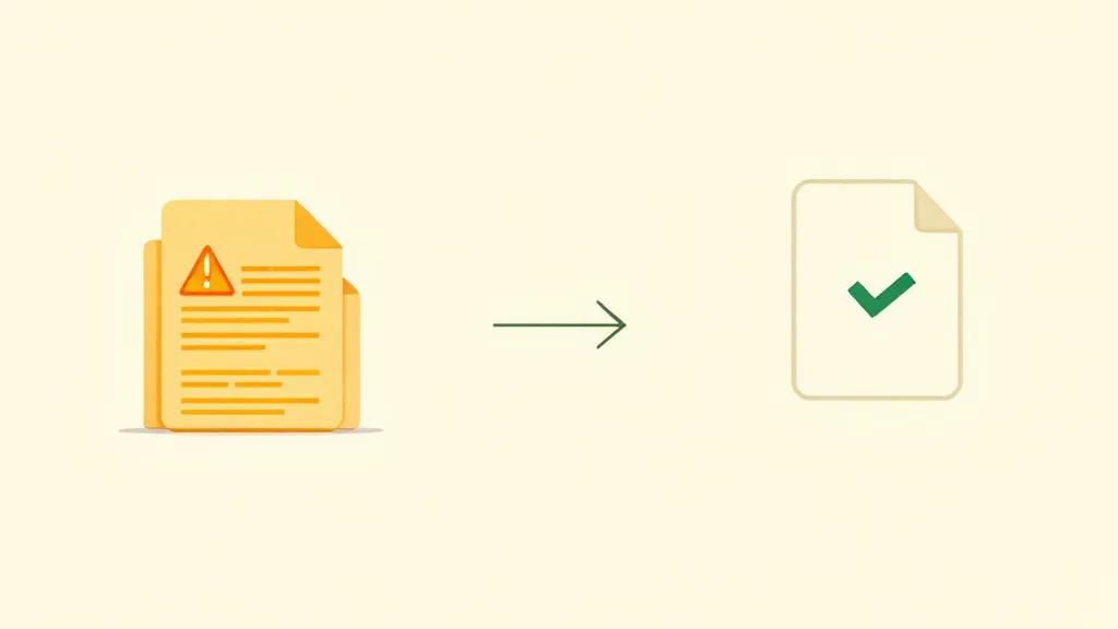 Flat-design infographic showing three warning documents transforming into one approved document with a green checkmark, using gold and cream colours.