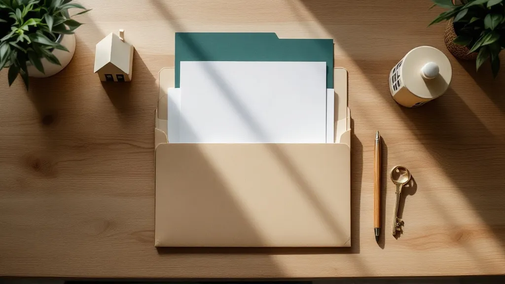 Overhead view of an organised wooden desk with an open manila folder containing documents, a small house model, keys, and a pen, lit by soft natural light with warm beige and teal accents.