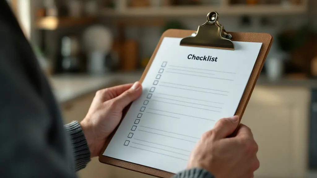 Close-up of hands holding a printed checklist on a clipboard against a blurred modern kitchen background, warm interior lighting, shallow focus.