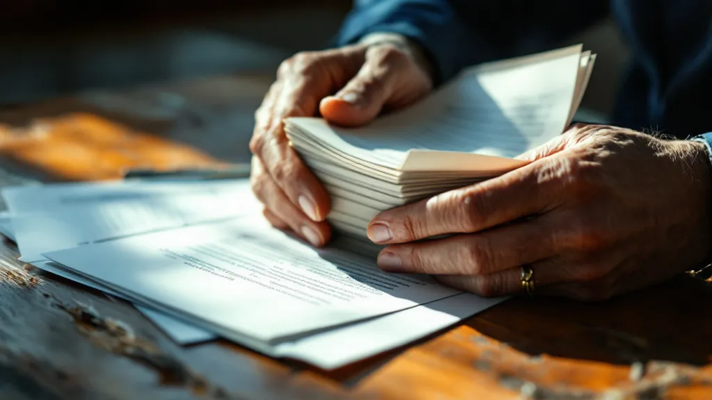 Close-up of hands holding a stack of official documents on a wooden desk, lit by warm window light from the left, conveying professional responsibility and legal importance.