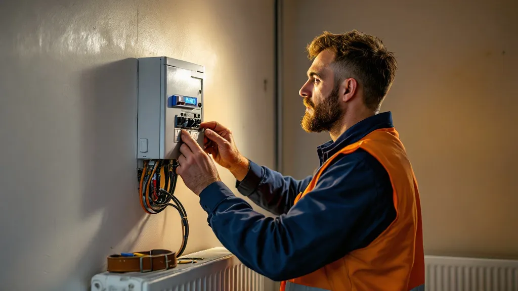 A qualified electrician in dark workwear inspecting a consumer unit mounted on a white wall in a modern UK rental property, focused expression, warm workshop lighting, tools on a nearby surface, photorealistic, professional atmosphere