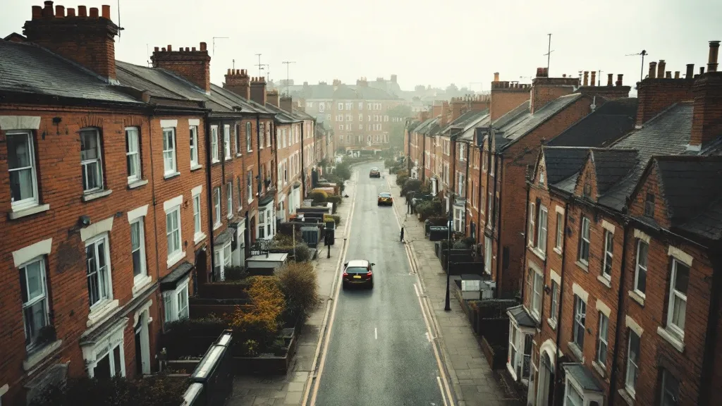 Aerial view of a Nottingham residential street lined with red-brick terraced houses under overcast daylight, shot from above showing the street's geometric pattern and muted earthy tones.
