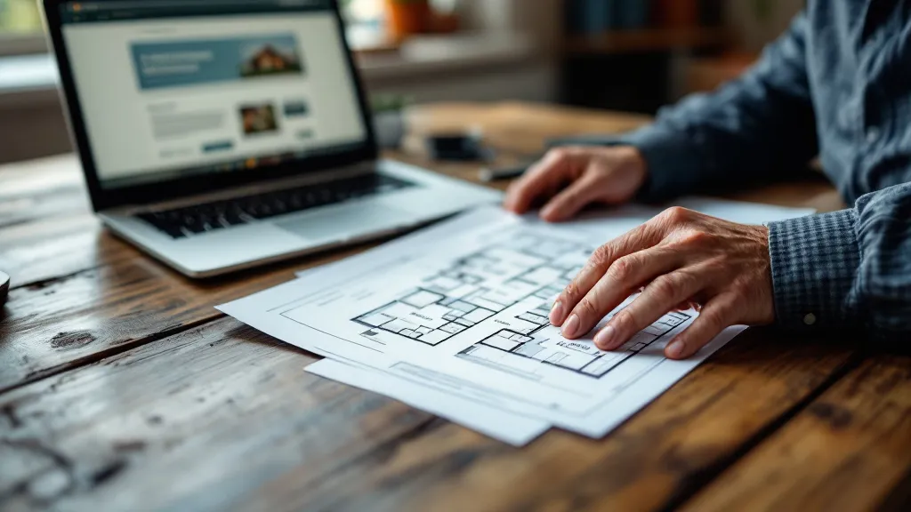 Close-up of hands holding a printed house floor plan on a wooden desk with a laptop showing a council website in the soft-focused background, warm natural lighting.