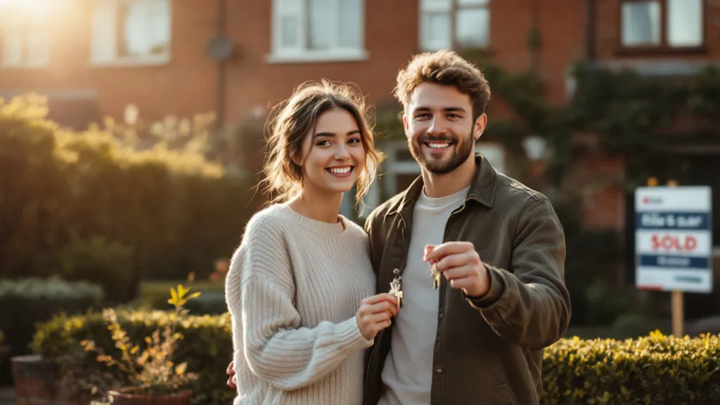 A young couple holding house keys outside their first home in a quiet residential street.