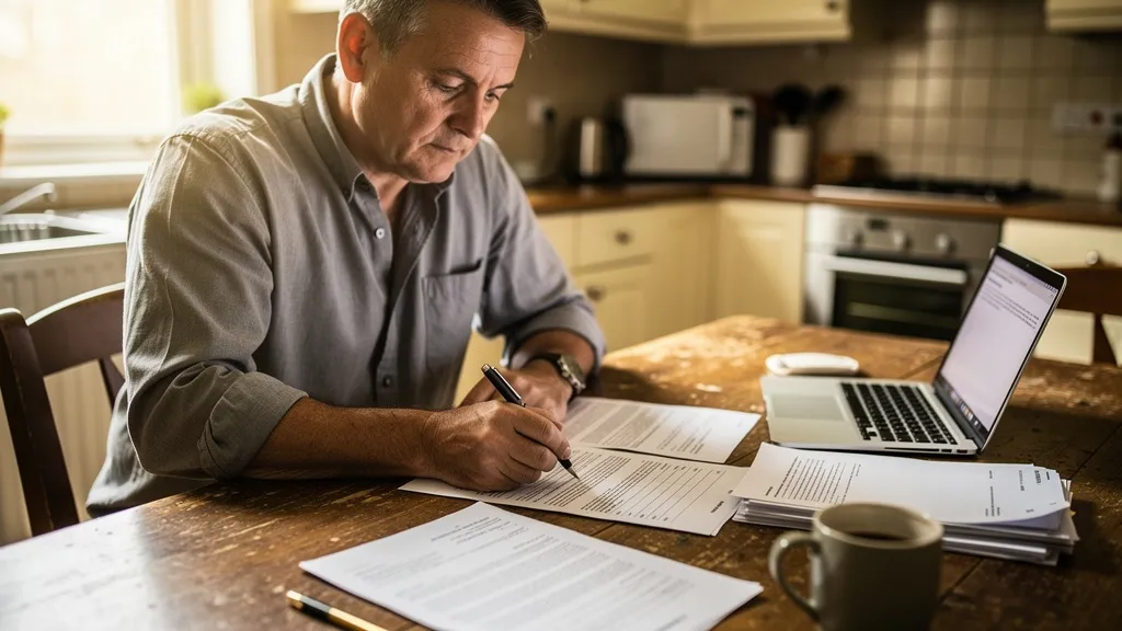 A landlord reviewing tenancy documents and a laptop at a kitchen table.