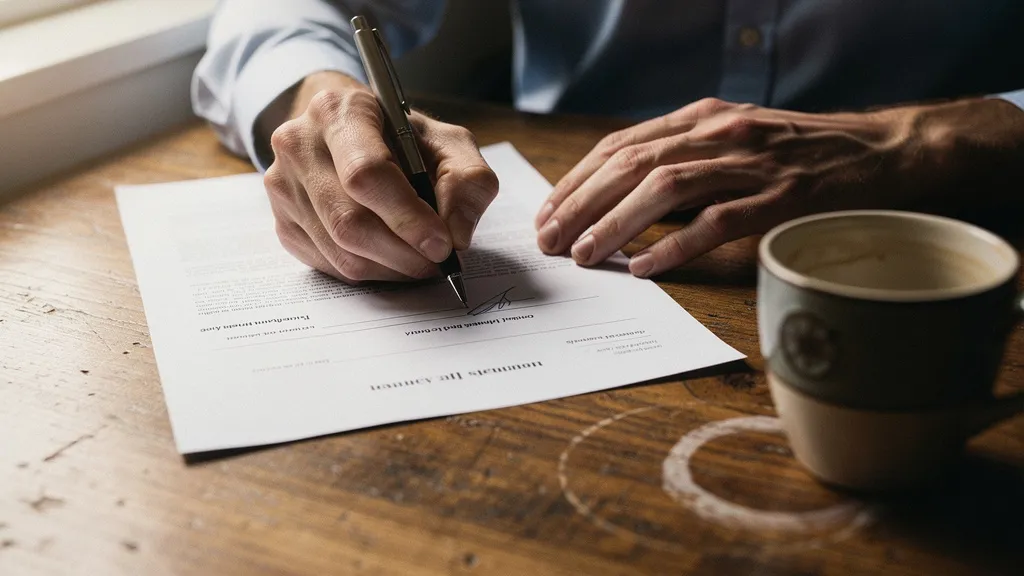 A tenancy agreement being signed on a desk with a pen and coffee cup nearby.